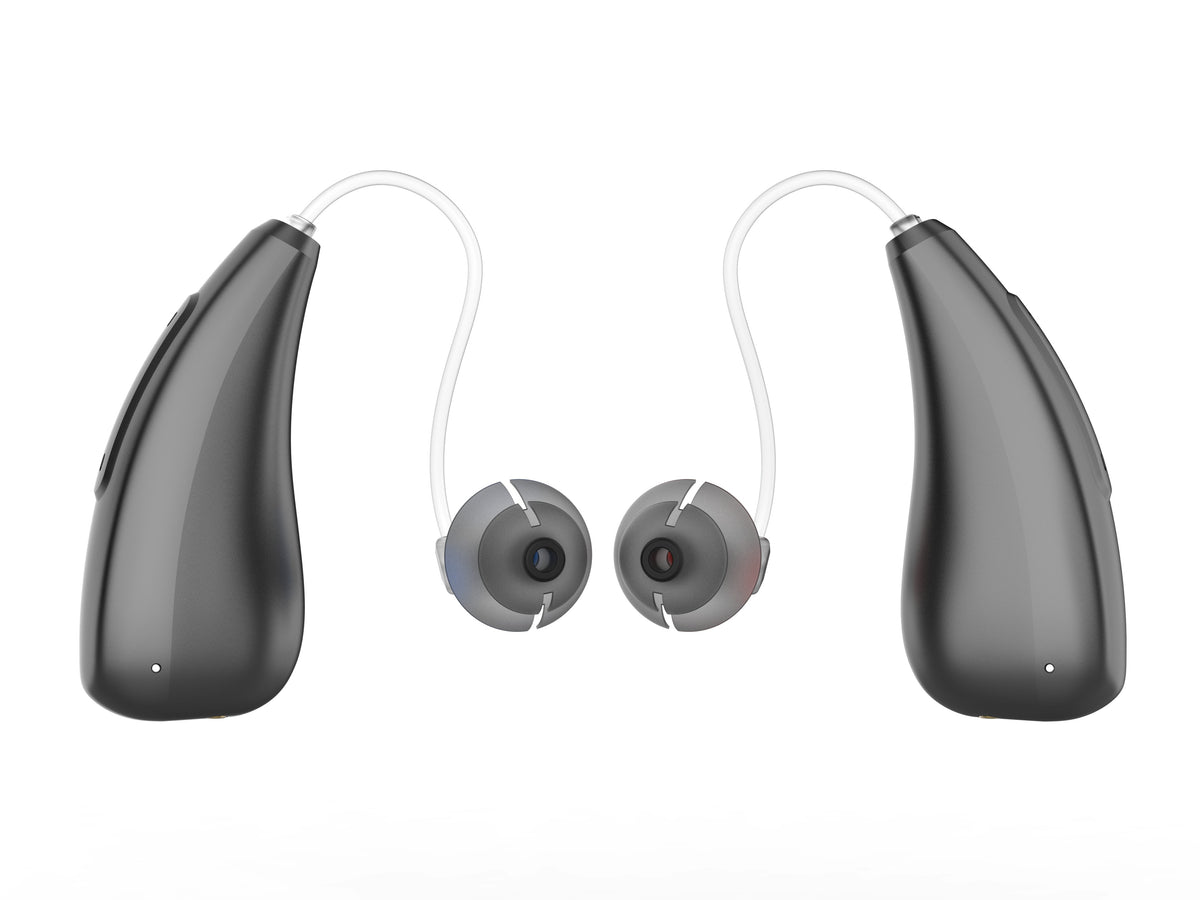 Pair of Mearsun CZ-B811 behind-the-ear hearing aids with ear tubes and tips