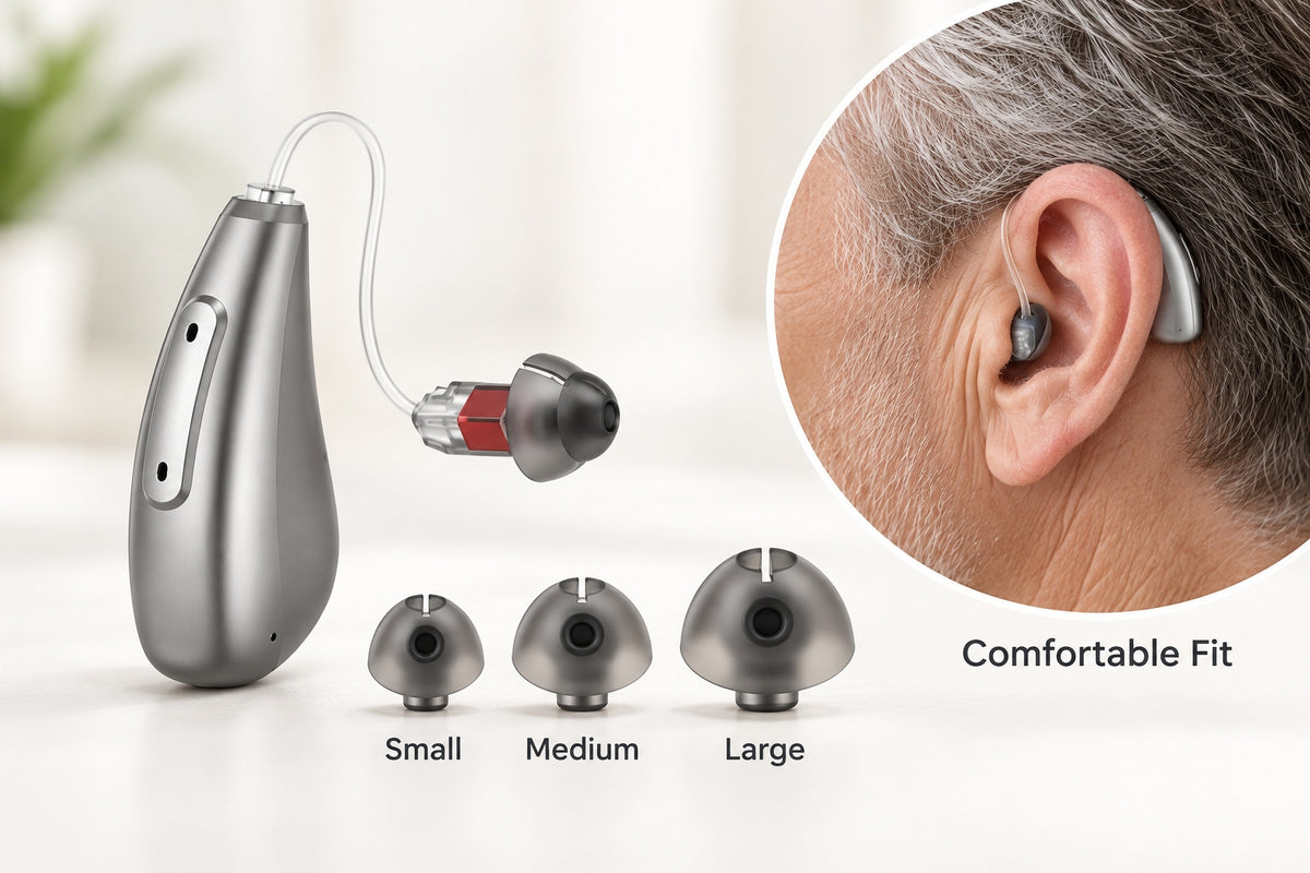 A silver and gray behind-the-ear hearing device with a clear receiver wire, shown alongside three interchangeable ear tips labeled Small, Medium, and Large. An inset circle shows the device fitted on a person's ear with the text 'Comfortable Fit' on a light indoor background.