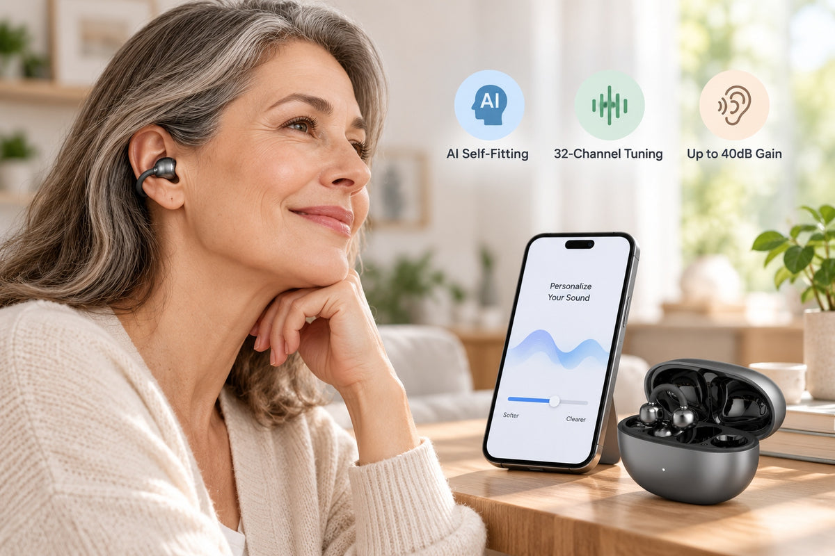 Mearsun OW17 MC02 hearing aid with AI self-fitting and personalized sound adjustment using a smartphone