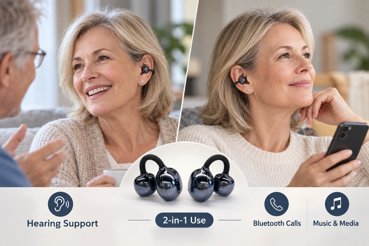 Mearsun OW17 MC02 hearing aid used for hearing support Bluetooth calls and music media