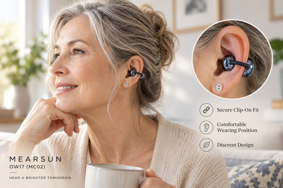 Older adult wearing Mearsun OW17 MC02 clip-on hearing aid with secure and discreet ear placement