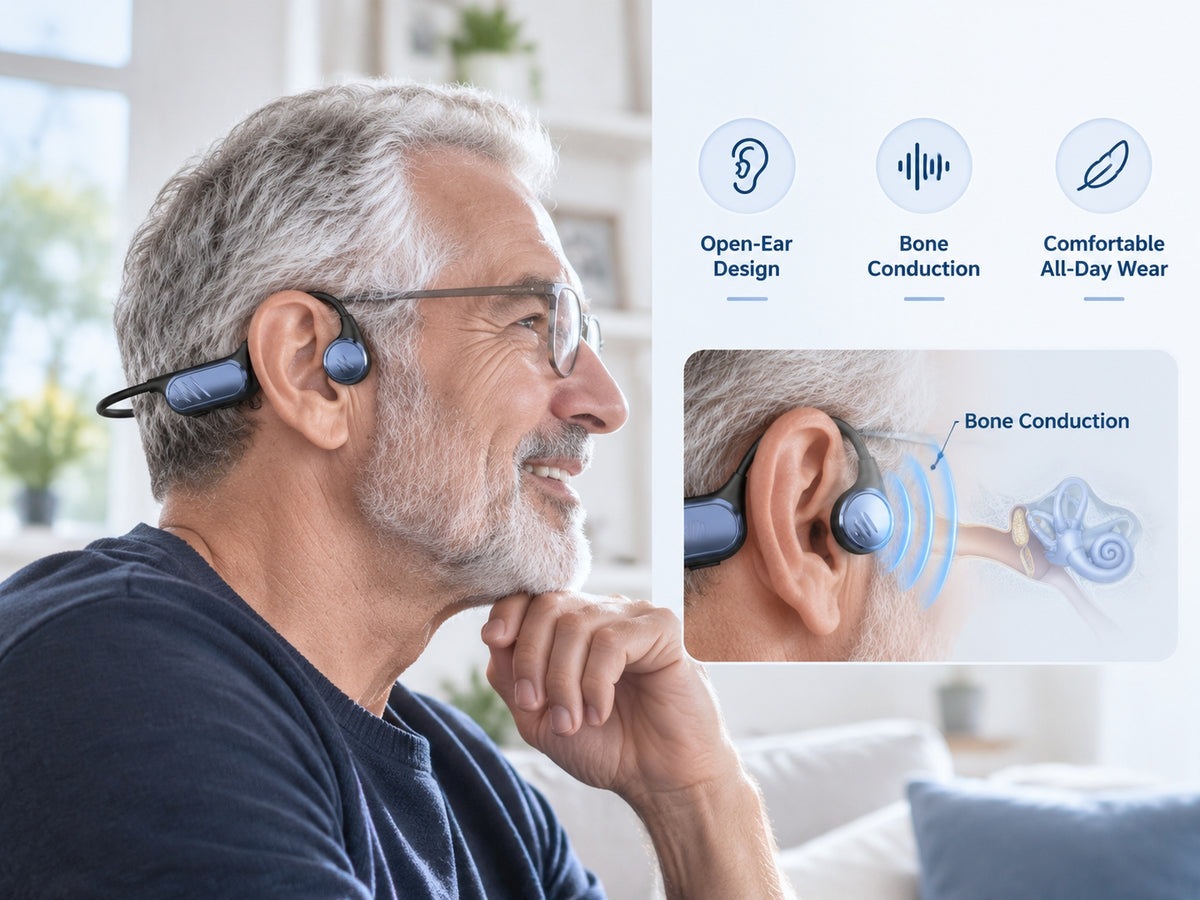 Mearsun Z01 bone conduction hearing aid showing dual DSP chips, 32-channel noise reduction, and speech processing technology