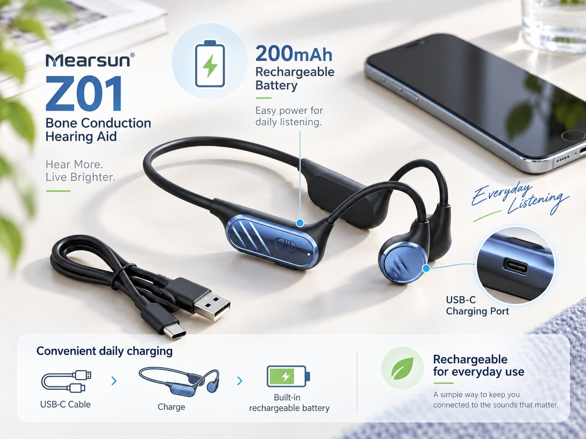 Mearsun Z01 rechargeable bone conduction hearing aid with USB-C charging cable for everyday use
