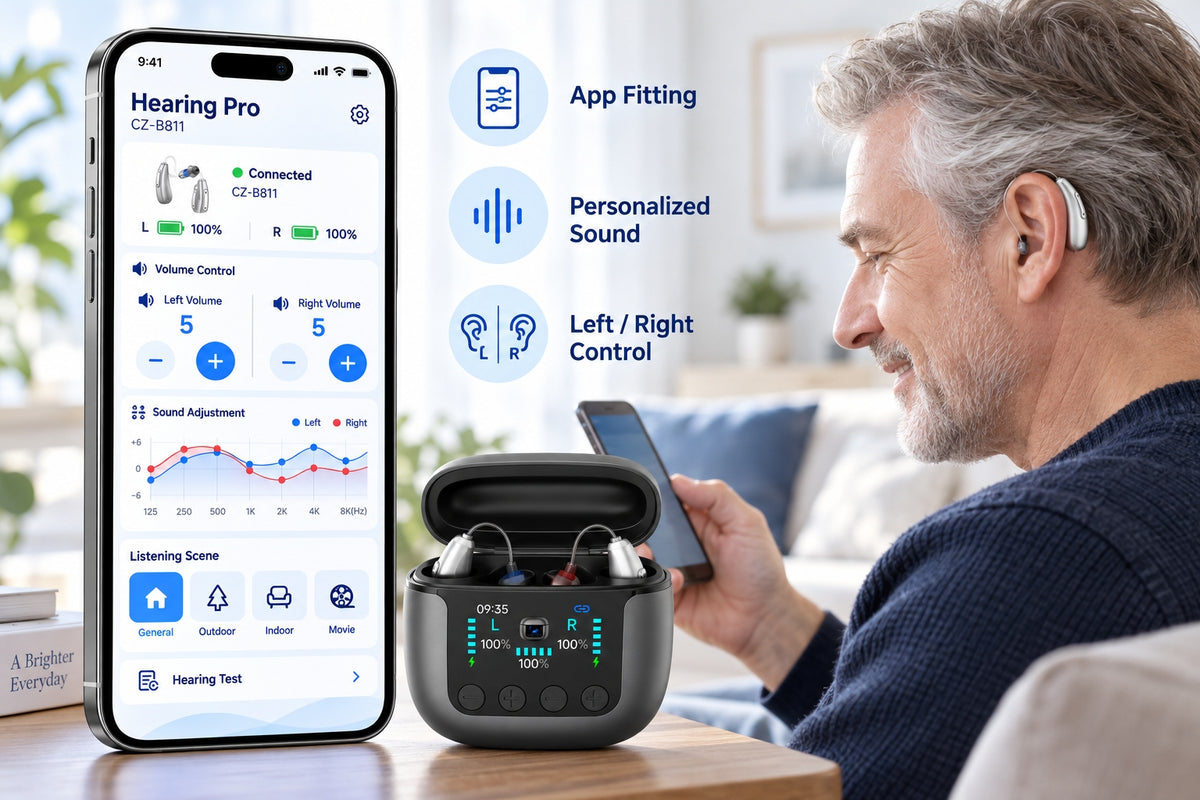 Hearing Pro app interface demonstrating personalized sound fitting for Mearsun CZ-B811 hearing aids