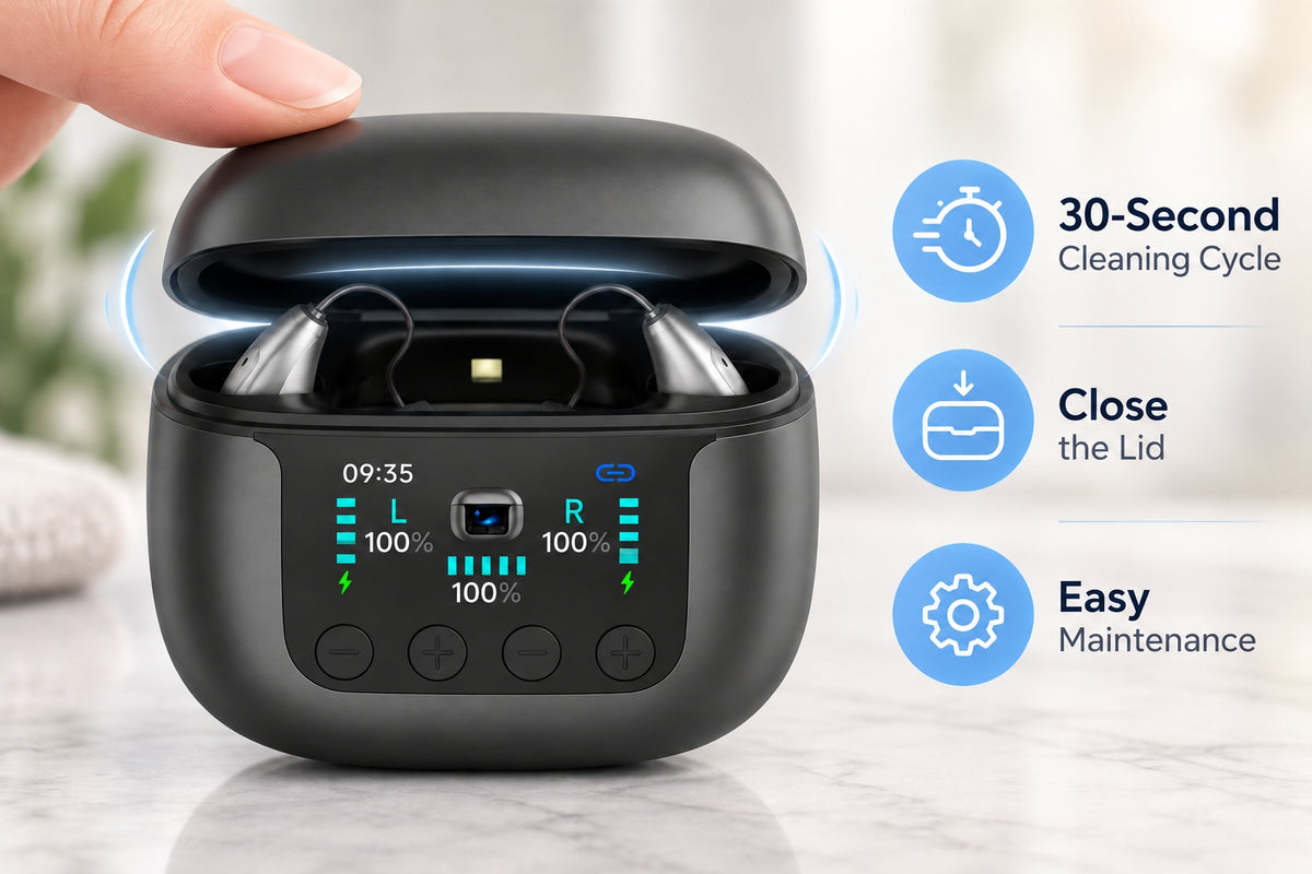 A pair of wireless earbuds inside a black charging case with a digital display, shown with a finger lifting the lid. Blue circular icons on the right highlight features: 30-Second Cleaning Cycle, Close the Lid, and Easy Maintenance.