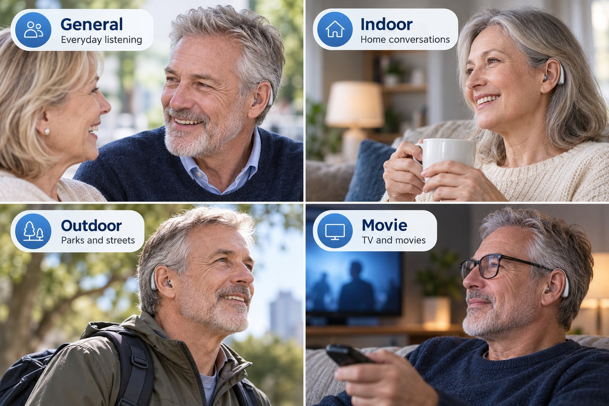 Four CZ-B811 hearing aid listening scenes: General, Indoor, Outdoor, and Movie, shown in everyday settings