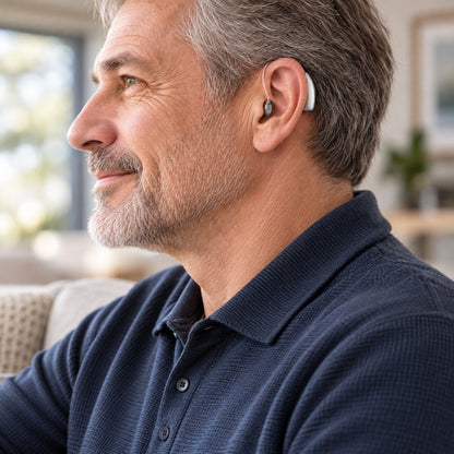 Close-up of an older man wearing the Mearsun CZ-B811 hearing aid with a receiver wire and ear dome