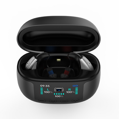 Mearsun CZ-B811 hearing aids stored inside the open smart charging case