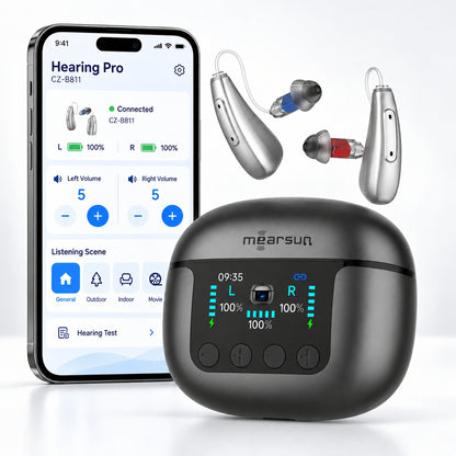Mearsun CZ-B811 hearing aids and smart charging case with Hearing Pro app controls displayed on a smartphone