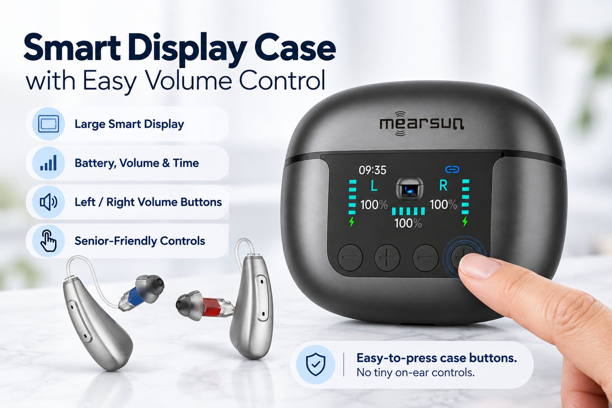 Mearsun CZ-B811 smart charging case showing battery information and independent left and right volume controls