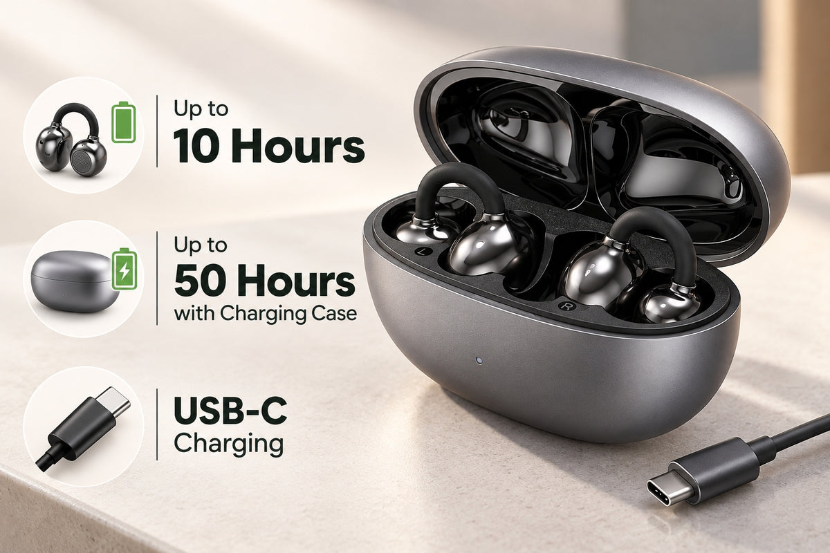Mearsun OW17 MC02 rechargeable hearing aid with portable charging case and USB-C cable