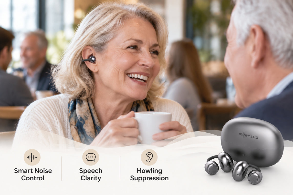 Older adult wearing Mearsun OW17 MC02 clip-on hearing aid during a conversation in a noisy environment
