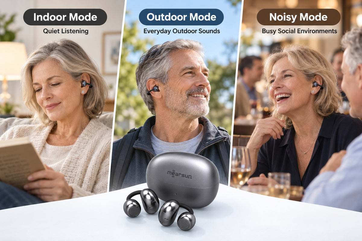 Mearsun OW17 MC02 hearing aid used in indoor outdoor and noisy environments with three listening modes