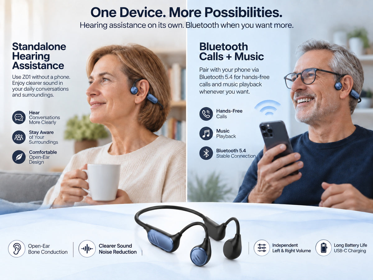 Mearsun Z01 hearing aid used independently for hearing assistance and connected to a phone for Bluetooth calls and music